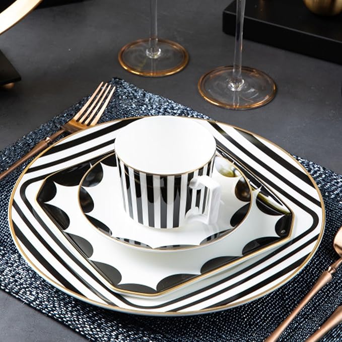 gold trim dinnerware set service for 6, 24 pieces black and white ceramic plate set, bone china plate and cup sets for hotel, birthday, Mother's Day