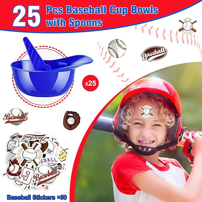 MEEZY 50 Set Baseball Helmet Ice Cream Bowls with 25 Mini Dessert Cups and 25 Spoons, 8oz Reusable Baseball Cap Snack Dessert Cup Bowls Baseball Party Favors for Kids Sports Birthday Party Supplies