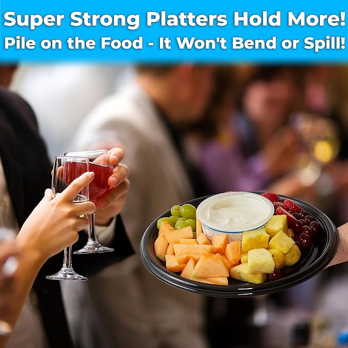 Avant Grub Heavy Duty, Recyclable 12 in. Serving Tray and Lid 3pk. Large, Black Plastic Party Platters with Clear Lids Dishware Plate, Elegant Round Banquet or Catering Trays for Serving Appetizers