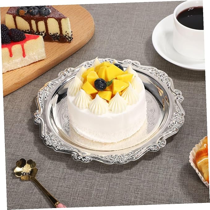 GLEAVI Decorative Iron Serving Tray Scratch Resistant Jewelry Dish Ring Holder for Wedding Dining and Home Use Versatile Silver Dessert Platter with Bright Finish for Cake Snacks and