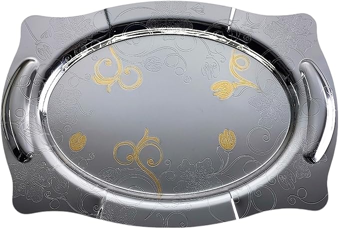 (Pack of 2) 14.2 inch x 9.8 inch Cloud Shape Chrome Plated Silver Serving Tray with Handles Mirror Iron Gold Edge Floral Pattern Engraved Party Birthday Buffet Wine Platter Plate NC-082