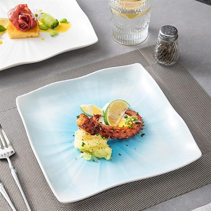 Dinner Plates Steak Plate Simple Square Ceramic Plate Creative Household Vegetable Plate Hotel Restaurant Tableware Serving Dishes(Blue,11 inch)