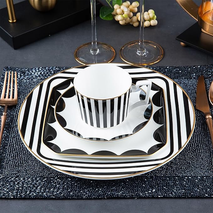 gold trim dinnerware set service for 2, 8 pieces black and white ceramic plate set, bone china plate and cup sets for hotel, birthday, Mother's Day