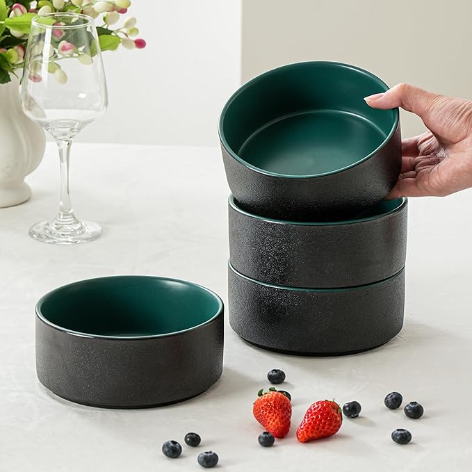 26 OZ Cereal Bowl, 6 Inch Ceramic Bowls Sets for 4, Suitable for Breakfast, Soups, Oatmeal, Ramen, Pho, Udon and Ssoba, Dishwasher & Microwave Safe, Handcrafted Bowls Sets,Modern Green