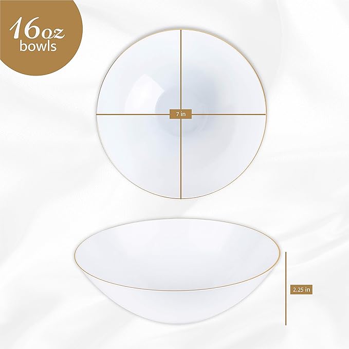 [16 OZ 40 Count] White Plastic Organic Party Soup bowls With Gold Rim Premium heavyweight Elegant Disposable Tableware Dishes