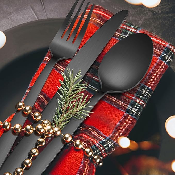 20-Piece Matte Black Silverware Set, E-far Stainless Steel Flatware Set Service for 4, Metal Cutlery Eating Utensils Tableware Includes Forks/Spoons/Knives, Square Edge