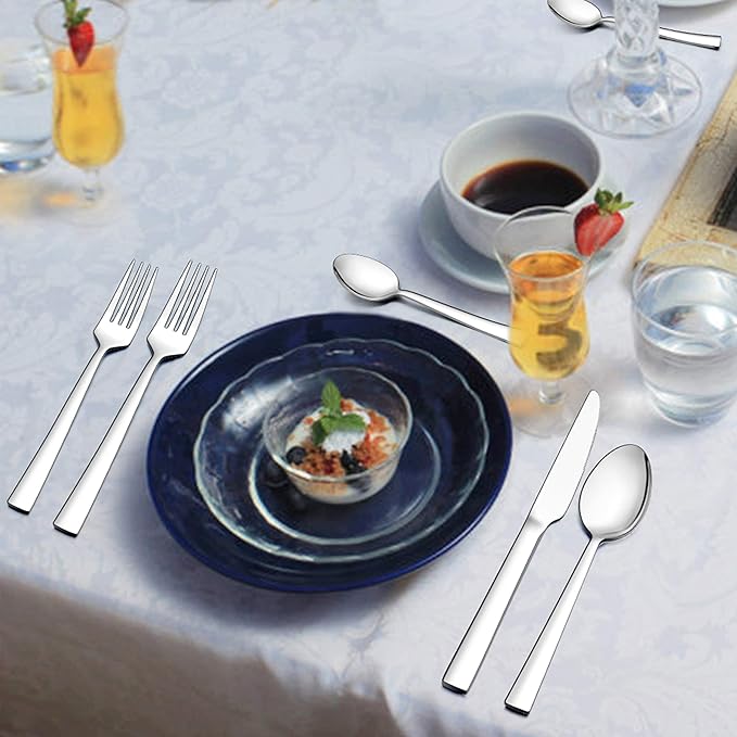 LIANYU 60-Piece Silverware Set, Stainless Steel Square Flatware Cutlery Set for 12, Eating Utensils Tableware, Mirror Finish, Dishwasher Safe