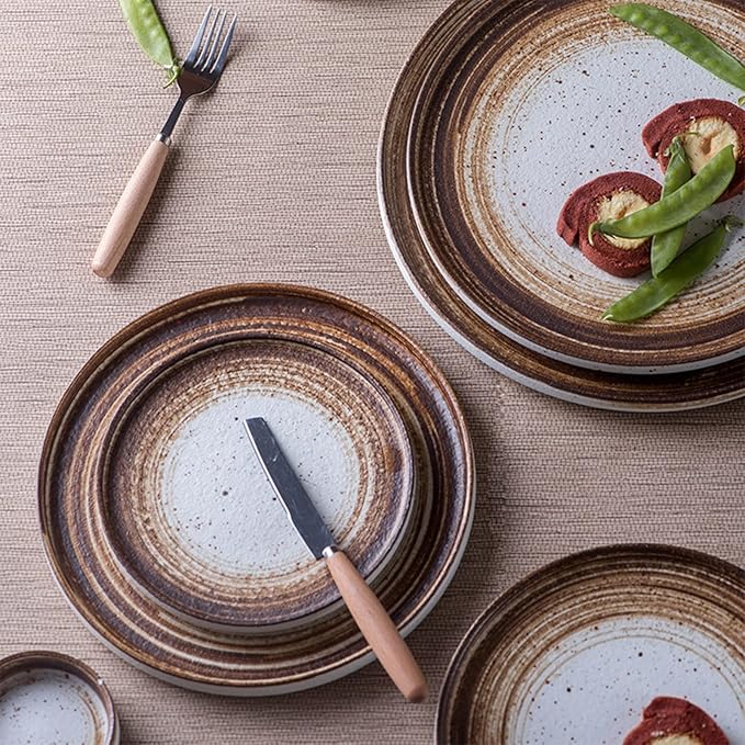 Ceramic Dinnerware Set, Dishes Set, 22 Pcs Brown Gradient Plates and Bowls Sets, Tableware Combination Set, Handpaint Spiral Texture Dinner Set with Glaze Dot, Service for 4