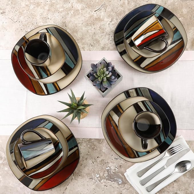 Gibson Elite Althea 16 Piece Reactive Glaze Dinnerware, Multicolor -, Service for 4 (16pcs), Red