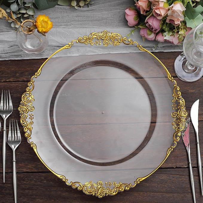 13" Charger Plates -Set of 12 - Acrylic Clear Gold Round Baroque Disposable Chargers Leaf Embossed Rim, Ideal for Dinner Party Wedding Bulk Events