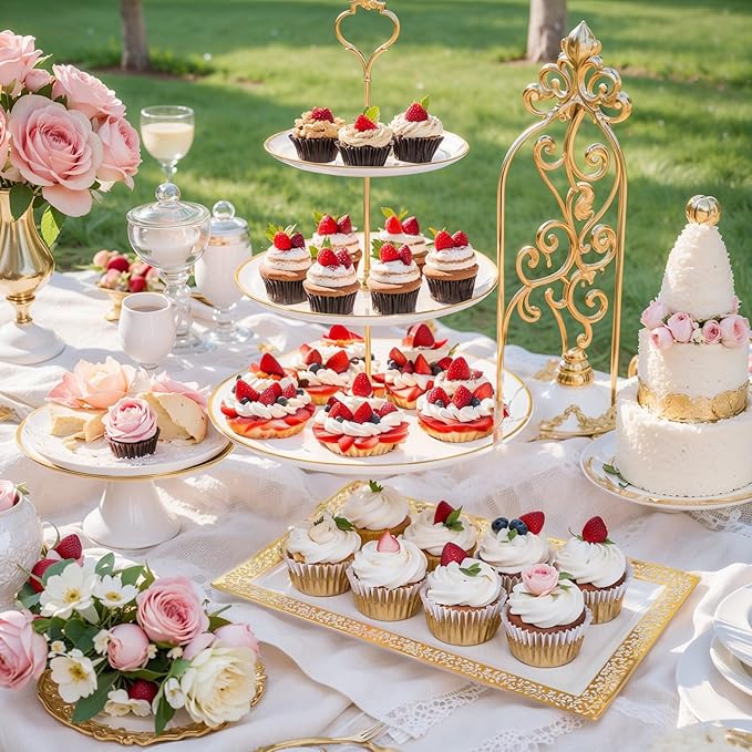 Supernal 10 Pack Dessert Table Display Set -4 Sets 3 Tier Cupcake Stand,6 Pcs Food Serving Trays,Elegant Tableware for Cupcakes and Snacks,Perfect for Tea Party Baby Shower Decorations(White and Gold)
