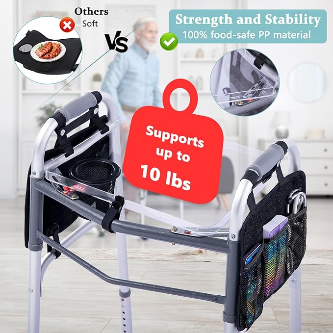BAGSFY Clear View Walker Tray with Cup Holder & Side Pockets, Transparent Folding Walker Table for Seniors, 8.8lbs Load-Bearing Sturdy PP Tray, Universal Fit Walker Accessory for Elderly