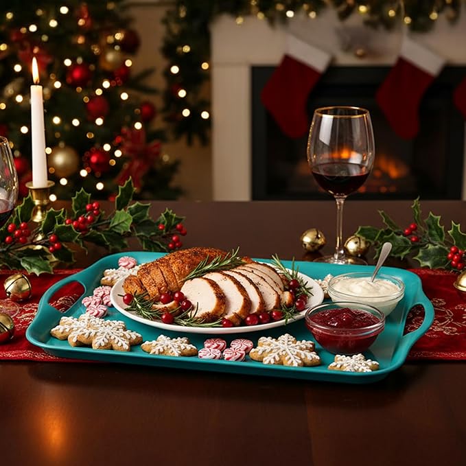 KINGEN 2-Pack Evergreen Serving Trays -18×13-inch Extra Large w/Handles Tray, Holiday Platters for Holiday Buffets, BBQ, Party Serving, Christmas Dinner Green Designed for Christmas (Bamboo Fiber)
