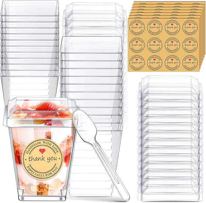 Sieral 100 Pack Plastic Dessert Cups with Lids and Spoons, Mini Clear Yogurt Parfait Cups with Stickers Small Appetizer Container for Fruit Pudding Shooter Party Wedding Halloween Christmas(Square)