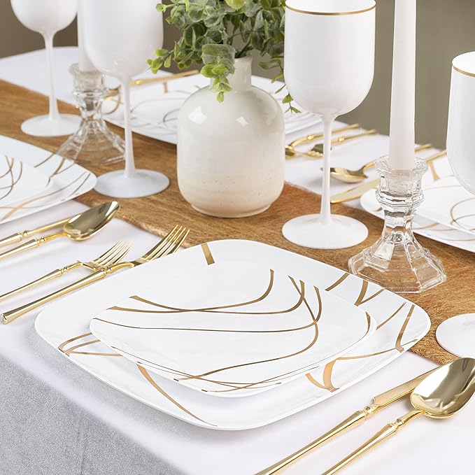 PLASTICPRO Square 64 Piece Combo Plates Set includes 32 x 7'' inch Salad Plates & 32 x 10'' inch Dinner Plates White Plastic with Gold Impulse Design Party Plates, Elegant, Tableware,