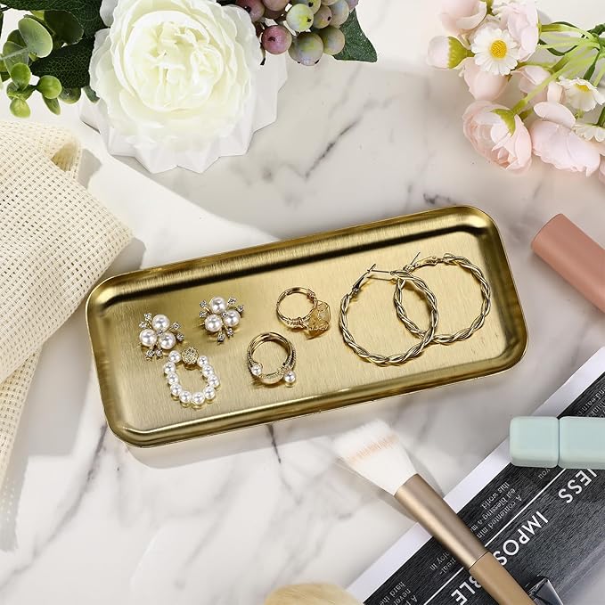 Vesici 12 Pcs 7.87 x 3.35 inches Small Gold Tray Bulk, Stainless Steel Rectangle Serving Trays Trinket Decorative Bathroom Tray for Vanity Jewelry Makeup Towel, Dish Plate Tea Fruit Storage Platter
