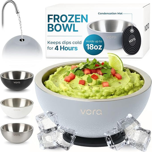 Vora 18oz Dip Chiller Bowl | Iced Grey Stainless Steel Chilled Dip Bowl for Dips, Guacamole, Hummus, Salsa | Insulated Serving Dishes with Easiest Water Fill & Refillable Chamber