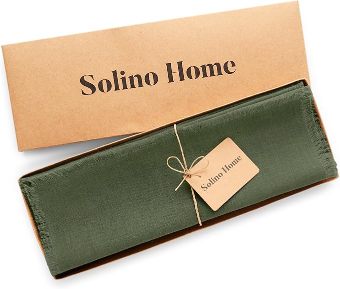 Solino Home Linen Fringe Cloth Placemats Set of 4-100% Pure Linen Desert Green Placemats 14 x 19 Inch for Christmas, Winter, New Year