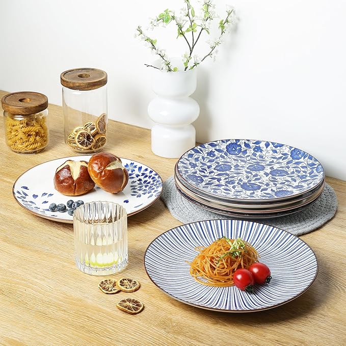 KitchenTour Large Ceramic Dinner Plates, 10 Inch Salad Plates Set of 6, Serving Plates for Dessert, Pasta, Appetizer, Dishwasher and Microwave Safe, Vintage Blue