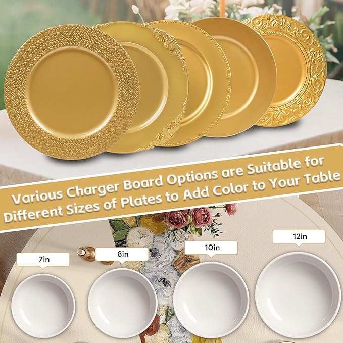 PROY 100 Pcs Gold Charger Plates Bulk,13 Inch Leaf Trim Antique Charger Plate, Plastic Reusable Round Charger Platters for Table Setting, Wedding, Party, Event