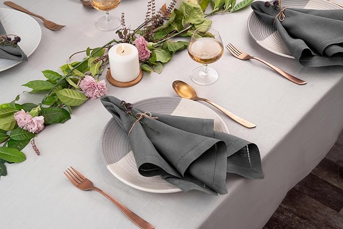 D'Moksha Homes Charcoal Grey Linen Napkins Set of 4 - Classic Hemstitch 100% Pure Linen Hemstitch Dinner Napkins 20 x 20 Inch for Christmas, Holiday, New Year - Handcrafted and Machine Washable