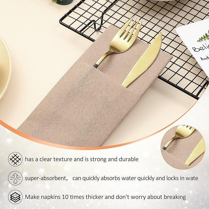 Cindeer 150 Pcs Wood Color Linen Dinner Feel napkins with Built in Flatware Pocket Prefolded Paper Disposable Airlaid Guest Hand Towel for Silverware Wedding Reception Christmas Baby Shower