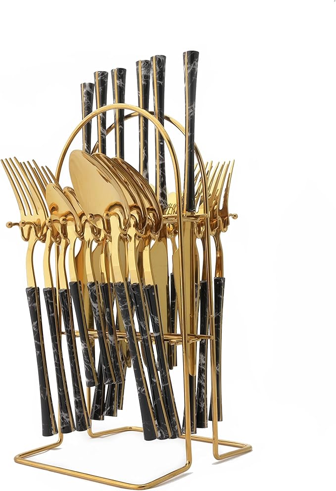 Stainless Steel Silverware Set with Holder - 25 PCS Gold Flatware Cutlery Set - Black Marble Texture Handle Design - Hanging Metal Eating Utensils Set Service for 6 - Party Tableware Set