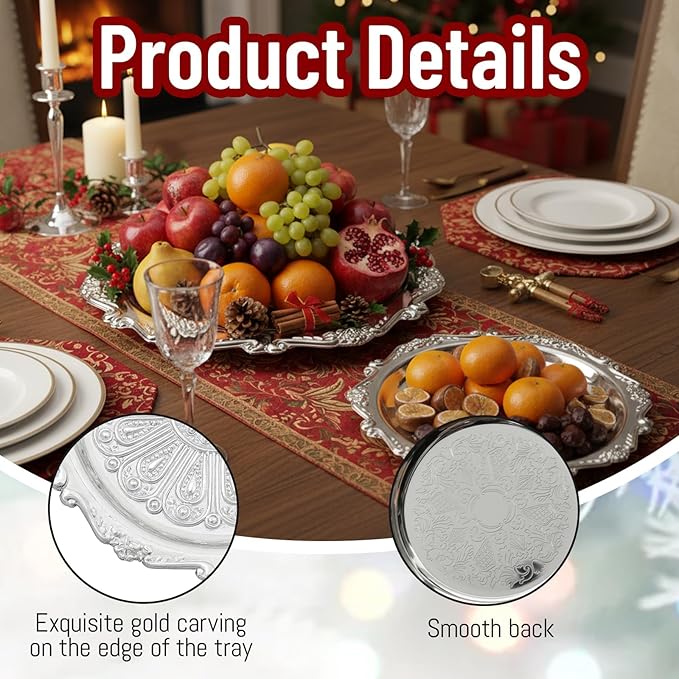 2 pcs Silver Platter, Silver Platter Tray, 8-Inch and 3-Inch Decorative Set, Alloy Metal Serving Dish for Food Display and Home Decor