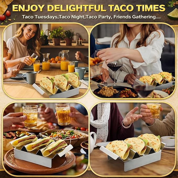 4 Pcs 304 Stainless Taco Holder Bar with Base Taco Stands for 3 Tacos Metal Trays Easy to Clean, Dishwasher Safe, Hot Dog Prep Tray