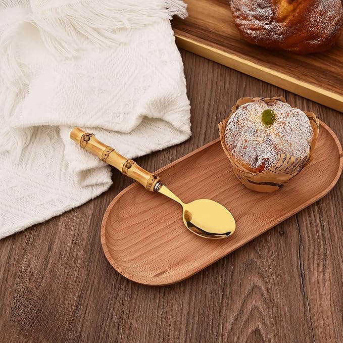 Stainless Steel Flatware Set, Bamboo Handle Silverware Set, Reusable Eating Utensils for Home Kitchen and Restaurant, Modern Gold Cutlery Set, 8 Pieces Dessert Spoons