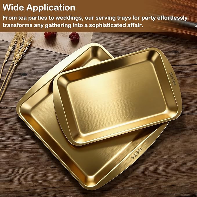 Gold Serving Platters for Coffee Table, 304 Stainless Steel Rectangle Plates, Sizzle Tray for Camping,BBQ,Party,Buffet,Appetizer,Bathroom Supplies, 9.2x8.3Inch