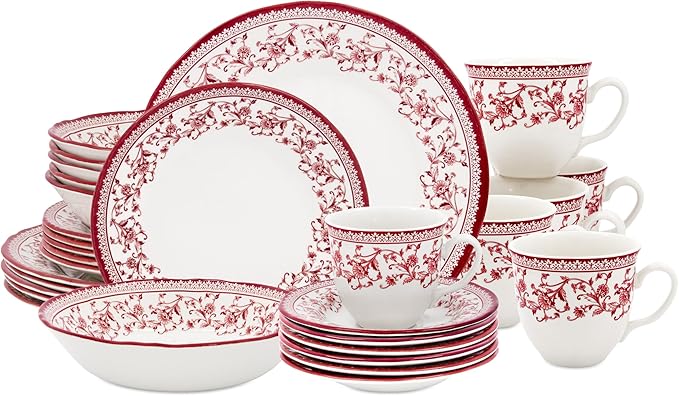 Tudor Royal Collection 30 Piece Round Dinnerware Set, Service for 6, Aster Pink Design, Red Floral, Plates Bowls Saucers Mugs Dishes, High Gloss Premium Quality