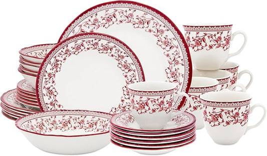 Tudor Royal Collection 30 Piece Round Dinnerware Set, Service for 6, Aster Pink Design, Red Floral, Plates Bowls Saucers Mugs Dishes, High Gloss Premium Quality