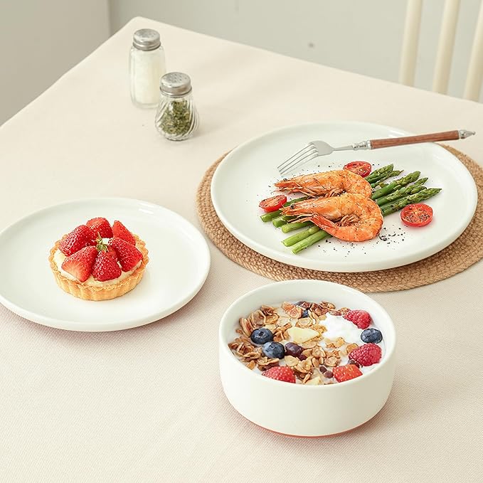 12 Piece Dinnerware Sets for 4, Dual Glaze Stoneware Plates and Bowls Set, Microwave and Dishwasher Safe, Stardust Glaze White