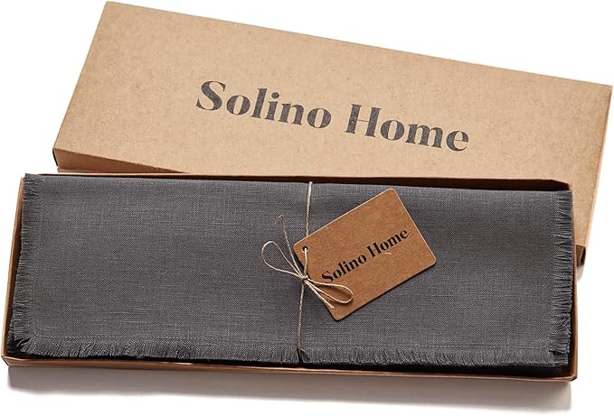 Solino Home Linen Fringe Cloth Placemats Set of 4-100% Pure Linen Charcoal Placemats 14 x 19 Inch for Winter, Christmas, Holiday, New Year - Handcrafted and Machine Washable