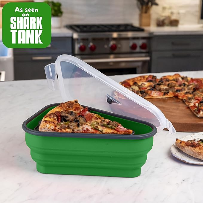 PIZZA PACK The Perfect Reusable Pizza Storage Container with 5 Microwavable Serving Trays - BPA-Free Adjustable Pizza Slice Container to Organize & Save Space, 2 Pack, Green