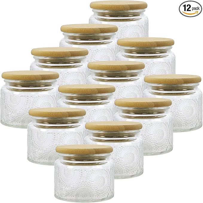 4 oz Mini Glass Jars with Airtight Bamboo Lids 12 pack, Decorative Small Food Storage Canister, Vintage Embossed Home Décor Candle Parties Wedding Baby Shower Favors Gift