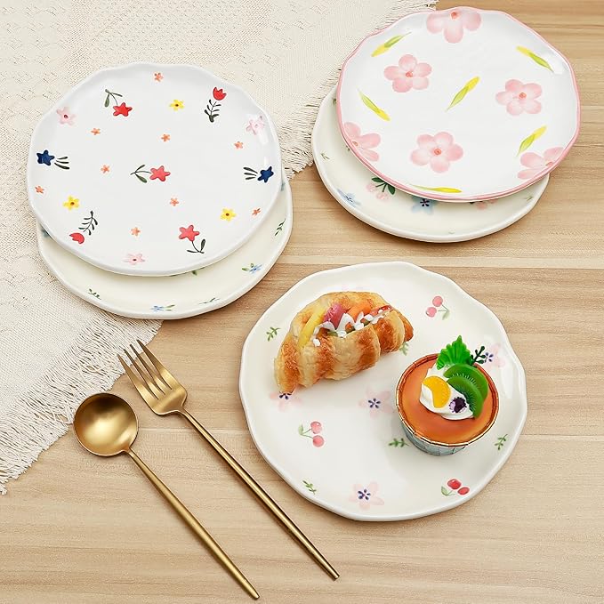 Koythin Floral Ceramic Dinner Plates, 8" Microwave Safe Dishes for Pasta, Modern Rustic Appetizer Plate for Salad Fruits Dessert Cake (Blue Flowers)