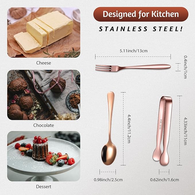 Cunhill 24 Pcs Charcuterie Accessories Mini Cocktail Tongs Small Serving Spoons and Appetizer Forks Stainless Steel Tongs Charcuterie Utensils for Valentine Party Supplies(Vivid Sharp Spoon,Rose Gold)