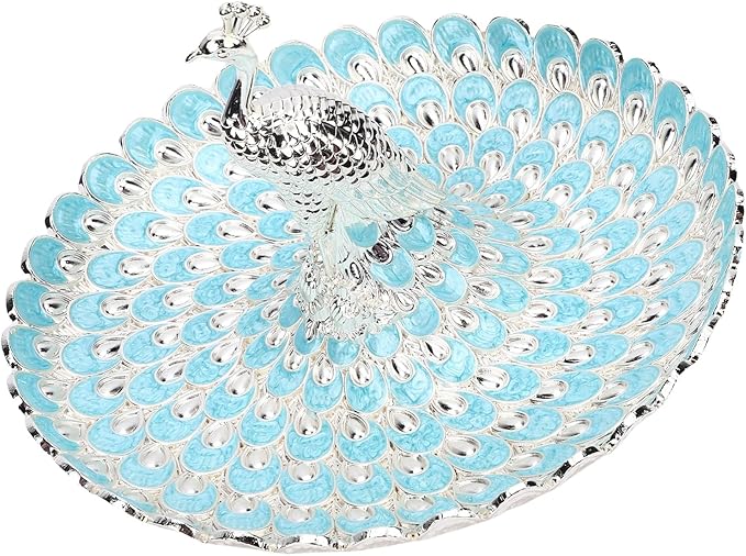 Peacock Shape Fruit Dish Tray, Decorative Storage Tray, Zinc Alloy Metal Snacks Plate Round Platter Serving Tray Cookie Storage Bowl for Home Party Cakes Cookies Candy (Silver Light Blue)
