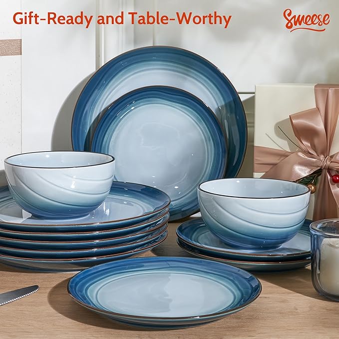 Sweese Porcelain Dinnerware Sets for 6, 18 Pieces Ceramic Plates and Bowls Sets, Handcrafted Minimalist Dinner Set, Chip and Scratch Resistant Dish Set, Dishwasher & Microwave Safe, Ocean Blue