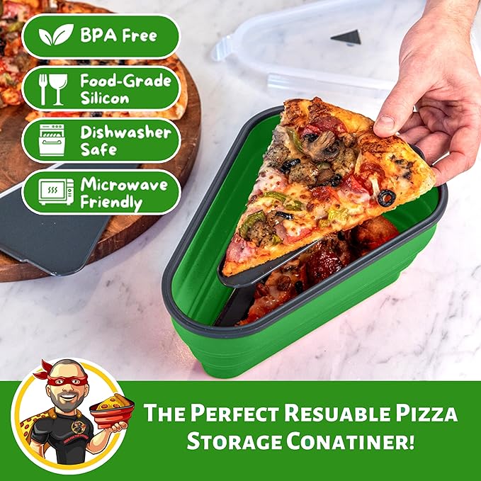 PIZZA PACK The Perfect Reusable Pizza Storage Container with 5 Microwavable Serving Trays - BPA-Free Adjustable Pizza Slice Container to Organize & Save Space, 2 Pack, Green