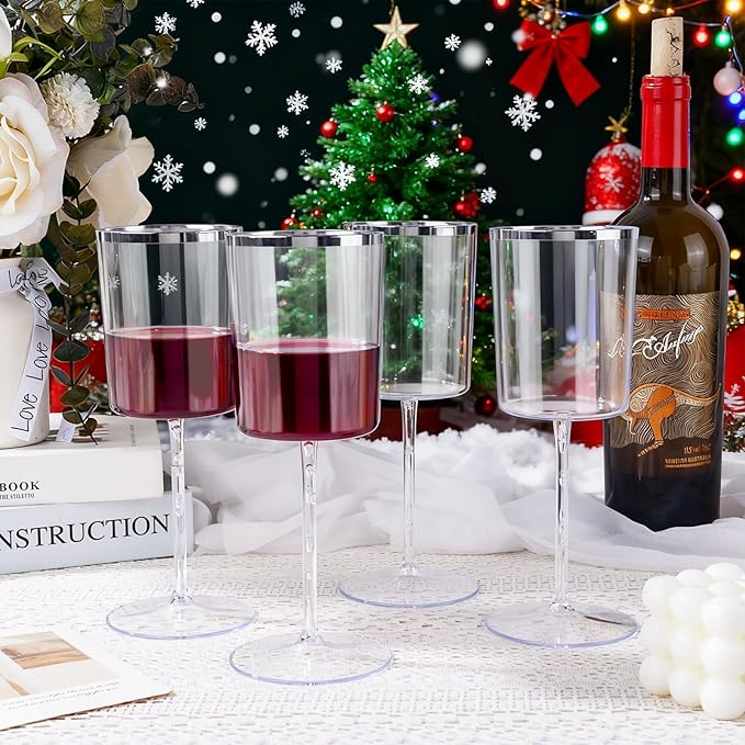 Ciaell 12 Pack Plastic Wine Glasses - 14 Oz Plastic Wine Glasses with Stem - Square Silver Disposable Stemmed Glass for Parties & Weddings & Outdoors