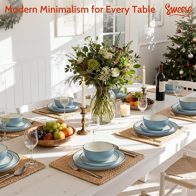Sweese Dinnerware Sets Service for 6, 18 pcs Matte Glaze Plates and Bowls Sets, Handmade Porcelain Dish Set, Highly Chip and Crack Resistant Modern Dinner Set, Blue White