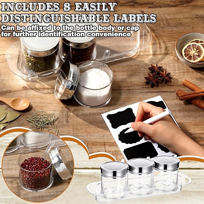 Set of 3 Acrylic Sugar Container with Lid Spoon and Tray 7oz Clear Condiment Coffee Jars Container with Labels Seasoning Salt Box Set for Kitchen Storage Coffee Bar