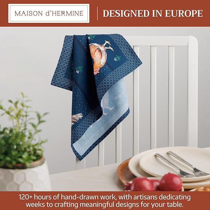 Maison d' Hermine Cloth Napkins Set of 4 100% Cotton Soft & Durable Everyday Reusable Square Napkins Cloth Washable, Dinner, Cocktail Party, Wedding, Restaurant (Meadow Rooster, 18" x 18")