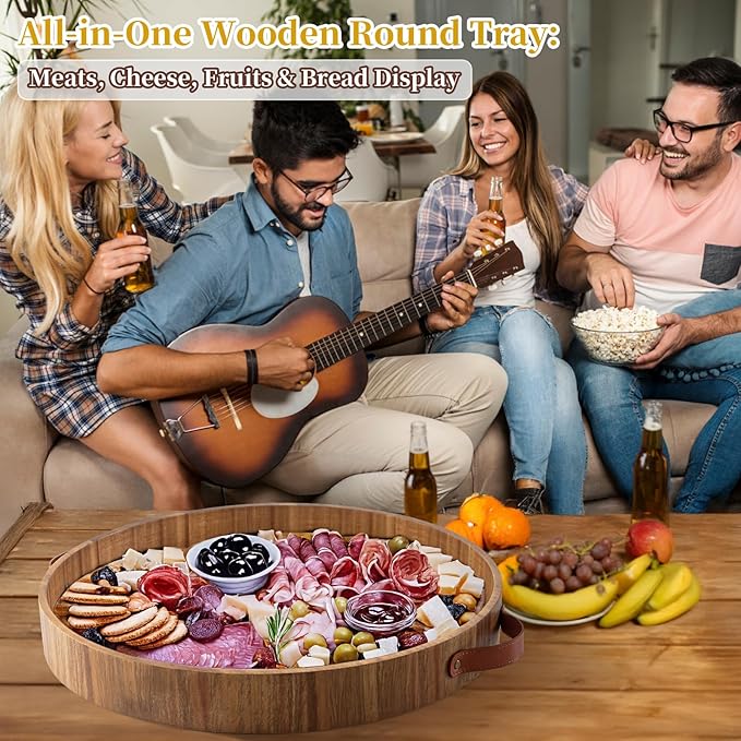 Ottoman Tray with Handles, 20 Inches Round Large Tray for Ottoman Wooden Serving Tray Decorative Trays for Living Room Wooden Trays for Party, Dinner, Breakfast, Appetizers, Entertaining Guests