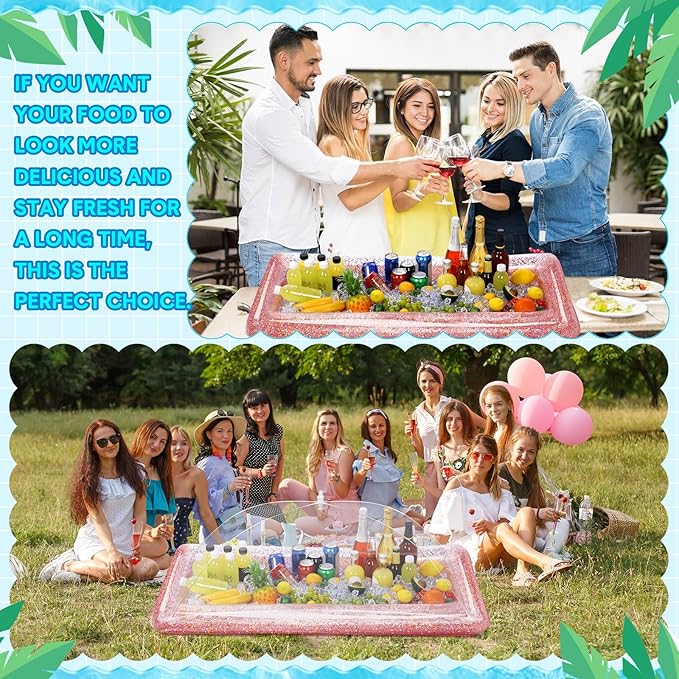 8 Pcs Glitter Inflatable Serving Bar Kit Includes 2 Salad Buffet Tray with Drain Plug 5 Mesh Food Cover 1 Inflator Inflatable Food Drink Containers for Outdoors Pool Party Camping(Rose Gold)