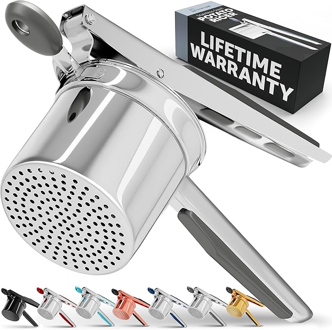 PriorityChef Large 15oz Potato Ricer, Heavy Duty Stainless Steel Potato Masher and Ricer Kitchen Tool, Press and Mash Kitchen Gadget For Perfect Mashed Potatoes - Everytime, Grey