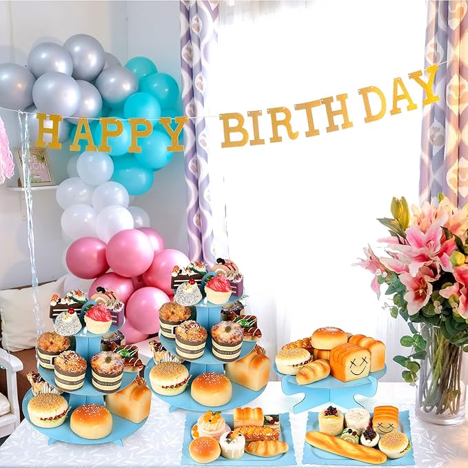 Zopeal 7 Pcs Dessert Table Display Set 3-Tier Cupcake Stand 1-Tier Cup Cake Display Tower Platters and Serving Trays Cardboard Cake Cookie Holders for Wedding Birthday Party Baby Shower(Sky Blue)